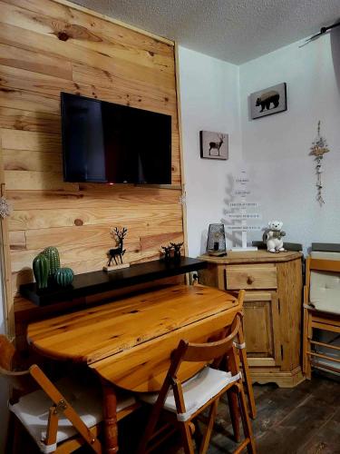 Cette chambre dispose d'un mur en bois et d'une télévision à écran plat. dans l'établissement Studio avec grande terrasse 4 personnes centre station la Foux d'Allos, à La Foux