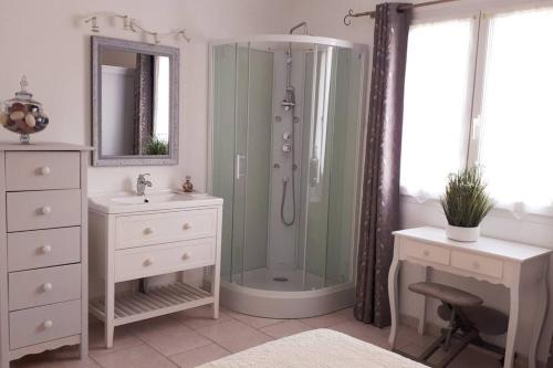 VelleronにあるNice flat with jacuzzi and gardenのバスルーム(シャワー、シンク付)、デスクが備わります。