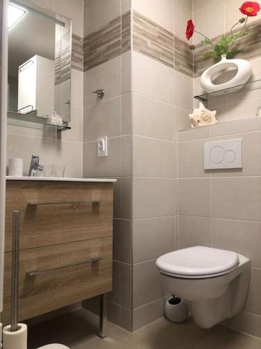 a bathroom with a toilet and a sink at Magnifique appartement & terrasse à Deauville in Deauville