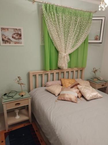 a bedroom with a bed with a green curtain at Agalia house in Néon Roinón