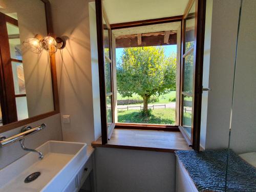 La salle de bains est pourvue d'un lavabo et d'une fenêtre avec un arbre. dans l'établissement Au Tilleul, à Crozet