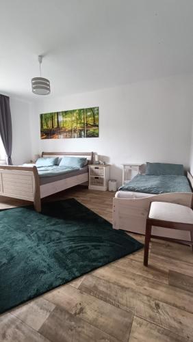 a bedroom with two beds and a green rug at FeWo Deisterferien, Terrasse, Netflix, Wlan, A2, B65, Steinhude, bis 8 Personen in Beckedorf