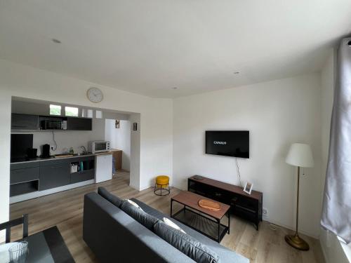 un salon avec un canapé et une télévision à écran plat dans l'établissement Aux pieds des terrils, à Lens