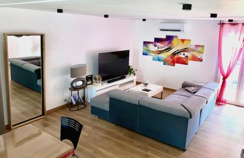 un salon avec un canapé et une télévision dans l'établissement Can FRANCES - Parking-Garage-2 jardins-Terrasse-BRASERO-MER-Wifi, à Villelongue-de-la-Salanque