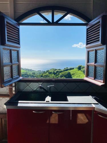 a kitchen with a sink and a large window at Villa Créole vue exceptionnelle Perle des Hauteurs in Le Carbet