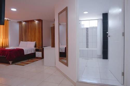 a bedroom with a bed and a shower and a mirror at Hotel San Martín in San Juan de Marcona