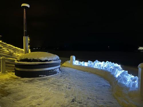 A cozy house with a guesthouse by the river v zimě