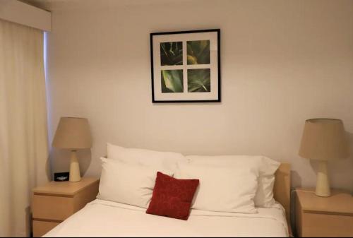 a bedroom with a white bed with a red pillow on it at Houses in Goulburn in Goulburn