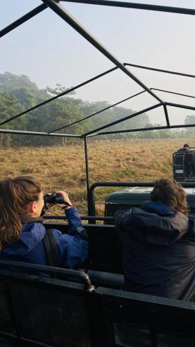 two people on a bus taking pictures of a safari at Tree Tops Retreat B&B in Sauraha