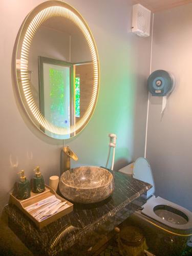 a bathroom with a sink and a mirror and a toilet at Tam Coc Central Bungalow-Hostel in Vũ Lâm