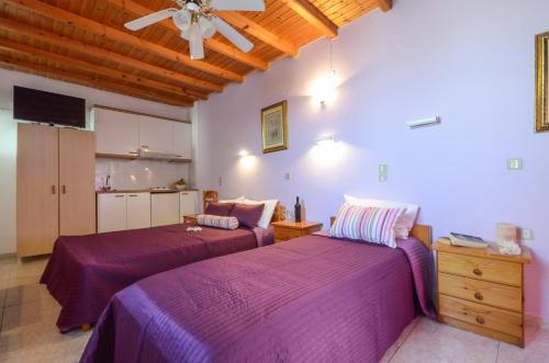 a bedroom with two beds and a ceiling fan at Panormos Hotel and Studios in Naxos Chora