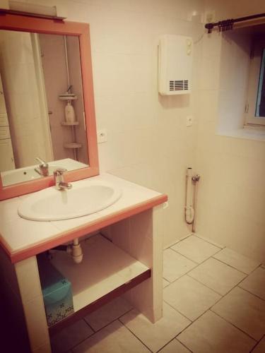 une salle de bain avec un lavabo et un miroir dans l'établissement Maison de caractère à la campagne, à Messac