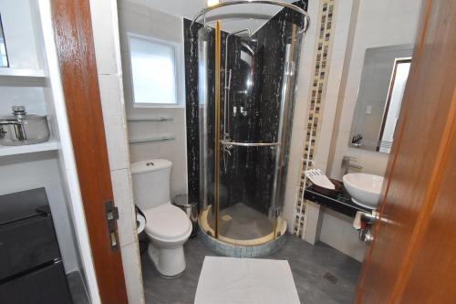 a bathroom with a shower and a toilet and a sink at Villa Sunset Boracay in Boracay