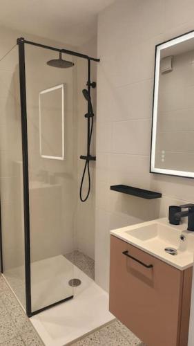 une salle de bain avec douche et lavabo dans l'établissement Studio calme avec vue sur un grand Pin parasol, à Cannes