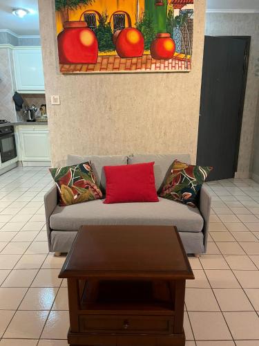 - un salon avec un canapé et un oreiller rouge dans l'établissement Le Clos du Chateau Rouge 3* avec Parking securisé, à Annemasse