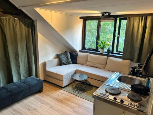 a small living room with a couch and a sink at Zen Retreat - Free Private Parking! in Enschede