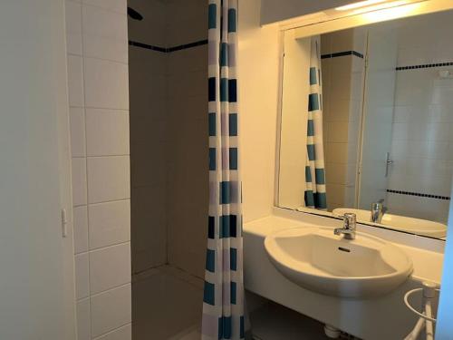 une salle de bain avec un lavabo et une douche avec un miroir dans l'établissement Appartement Havre de Quiberon, à Quiberon