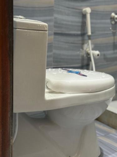 a white toilet sitting in a bathroom with the lid down at Lovely 2 Bedroom Furnished Apartments in Multan
