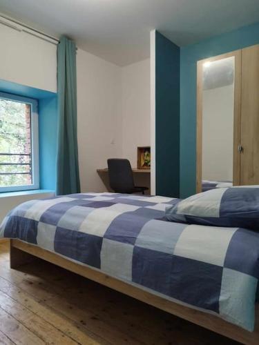 une chambre avec un lit aux murs bleus et une fenêtre dans l'établissement La Demeure Envoutée, à Trélon