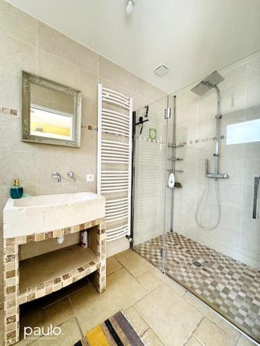 une salle de bain avec un lavabo et une douche dans l'établissement Maison Au Puits Beriol, à Bruyères-et-Montbérault