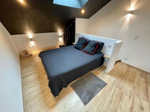 une chambre avec un lit avec deux oreillers dessus dans l'établissement Superbe appartement jacuzzi beaune centre, à Beaune