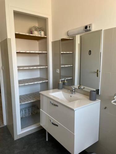 une salle de bain avec un lavabo et un miroir dans l'établissement Pavillon bord de mer - 10min des plages en vélo, à Le Fenouiller