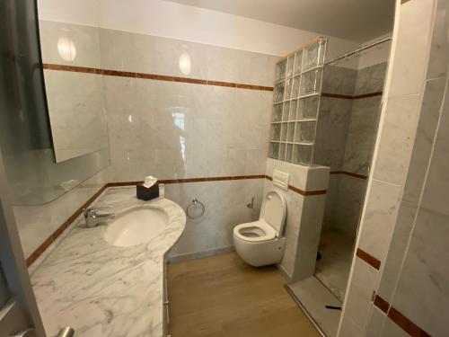 une salle de bain avec un lavabo et des toilettes dans l'établissement Appartement , piscine aux portes de Monaco, à Cap d'Ail