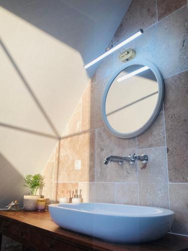 a bathroom with a large mirror and a tub at Greenhell Farmhouse in Nohn