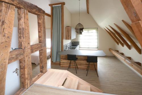 une cuisine et un salon avec une table et des chaises dans l'établissement Remise 68 - Historisches Anwesen beim Maison 1775, mit Sauna, Wissembourg, Elsass, à Ingolsheim