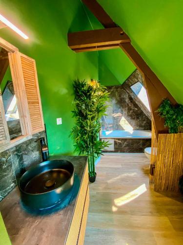 La salle de bains est pourvue d'un lavabo et d'un plafond vert. dans l'établissement La Kabane , Appartement proche centre et plage avec expérience décoration Jungle unique, à Le Portel
