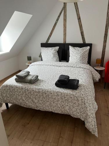 - une chambre dotée d'un grand lit avec deux sacs dans l'établissement LE DONJON Classé 4 étoiles Appartement 120 m2 5mn Centre Ville Au Calme, à Strasbourg