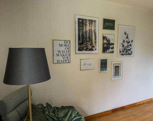 a living room with a lamp and a wall with pictures at FoRest House in Rosenfors
