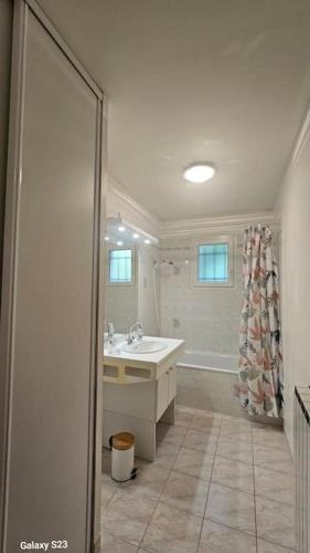 une salle de bain blanche avec un lavabo et un miroir dans l'établissement Unique ! Montpellier proche centre Maison avec jardin, à Montpellier