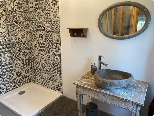 un bagno con un lavandino e uno specchio su un bancone di Le chalet du bonheur a Gujan-Mestras