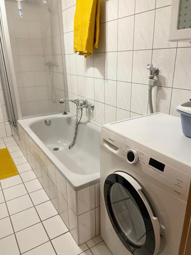a bathroom with a washing machine and a sink at Ferienwohnung Laura in Bad Sachsa