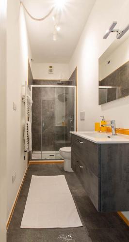 a bathroom with a shower and a toilet and a sink at Villa Fiori B&B in Moncalvo