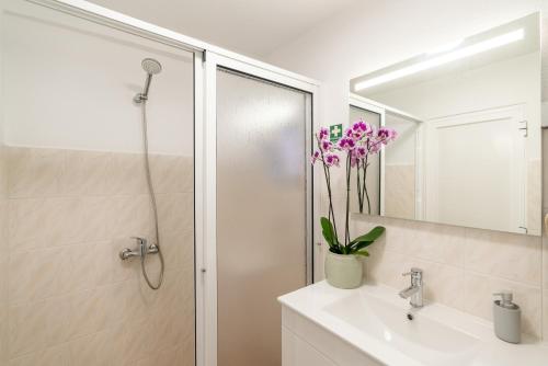 a bathroom with a shower and a sink and a mirror at Casa Da Tia in Arco da Calheta