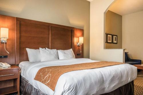 a hotel room with a large bed and a mirror at Comfort Suites Near Texas State University in San Marcos