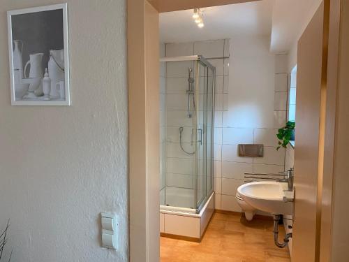 a bathroom with a glass shower and a sink at Geräumige Monteurwohnung in Ibbenbüren