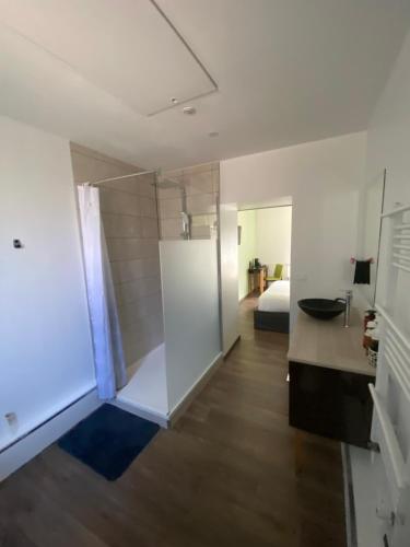 Cette chambre comprend un lit et une salle de bains pourvue d'une douche. dans l'établissement De Tussenstop, à Villefranche-sur-Saône