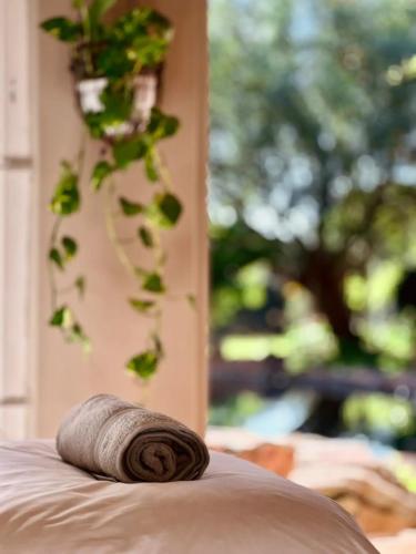 a rolled up towel sitting on top of a bed at Guest Suite in Tuscan Farmhouse in Paarl