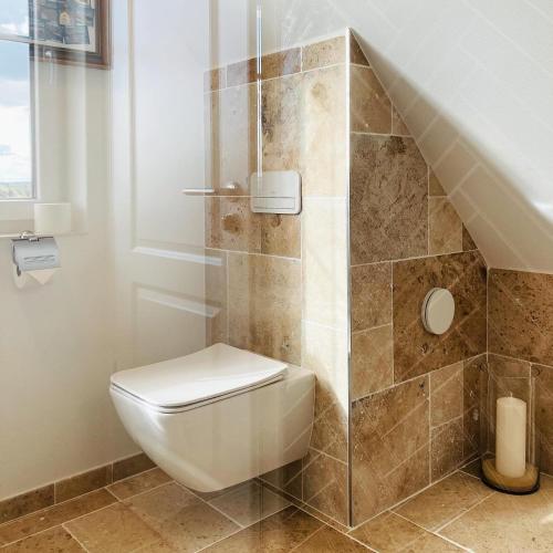 a bathroom with a toilet and a shower at Greenhell Farmhouse in Nohn