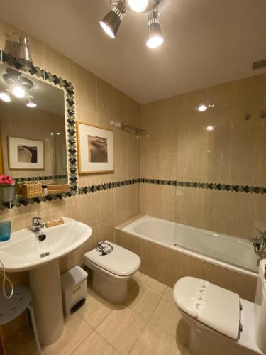 a bathroom with a sink and a toilet and a tub at Apartamentos Alfonso XIII in La Granja de San Ildefonso