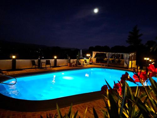 a swimming pool at night with the moon overhead at B&B Finca la Yuca "Un paraíso en Ontinyent" in Ontinyent