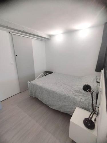 a bedroom with a bed and a lamp on a table at Charmant T2 flambant neuf pour 3 pers in Briec