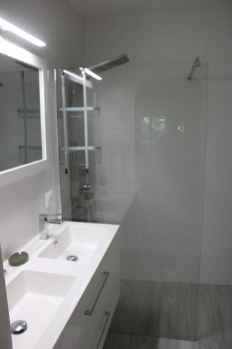 a white bathroom with a sink and a shower at COCON DES ANTILLES in Le Vauclin