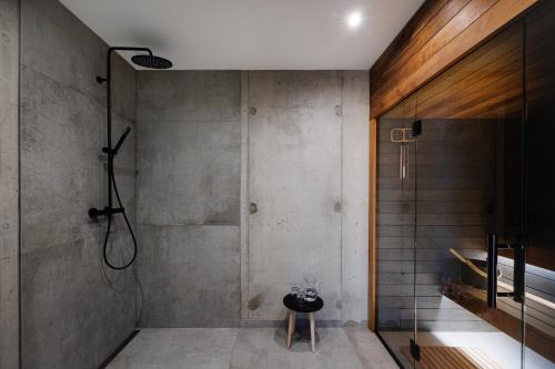 a bathroom with a shower and a glass wall at Chalet Wellness TRI VODY Demänovská Dolina in Liptovský Mikuláš