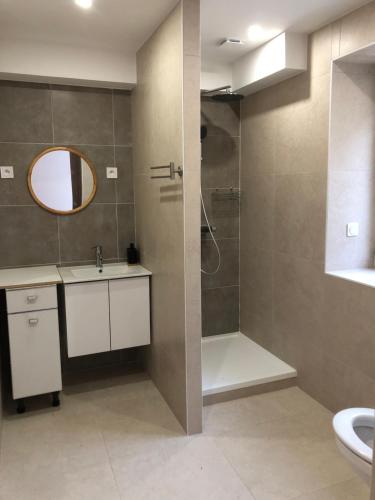 une salle de bain avec une douche, un lavabo et des toilettes dans l'établissement belle man, à Longevelle-sur-Doubs