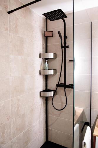 une douche avec pommeau de douche dans une salle de bain dans l'établissement La Pause Exquise T3 by PRIMO C0NCIERGERIE, à Saint-Étienne