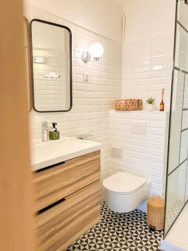 une salle de bain avec un lavabo, des toilettes et un miroir dans l'établissement Joli T2 à deux pas des plages Six-Fours Sanary, à Sanary-sur-Mer
